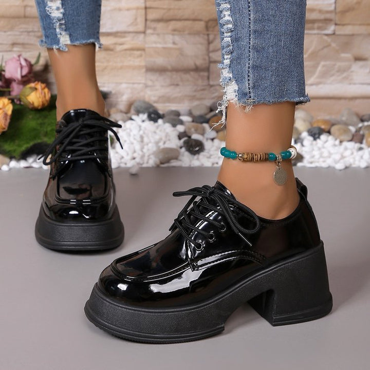 Damen Schnürschuhe mit glänzender Oberfläche und modischem Blockabsatz Drune