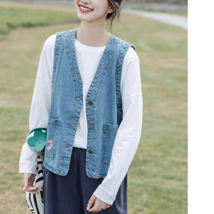 Damen modische Jeansweste mit Taschen und Knopfdetails Drune