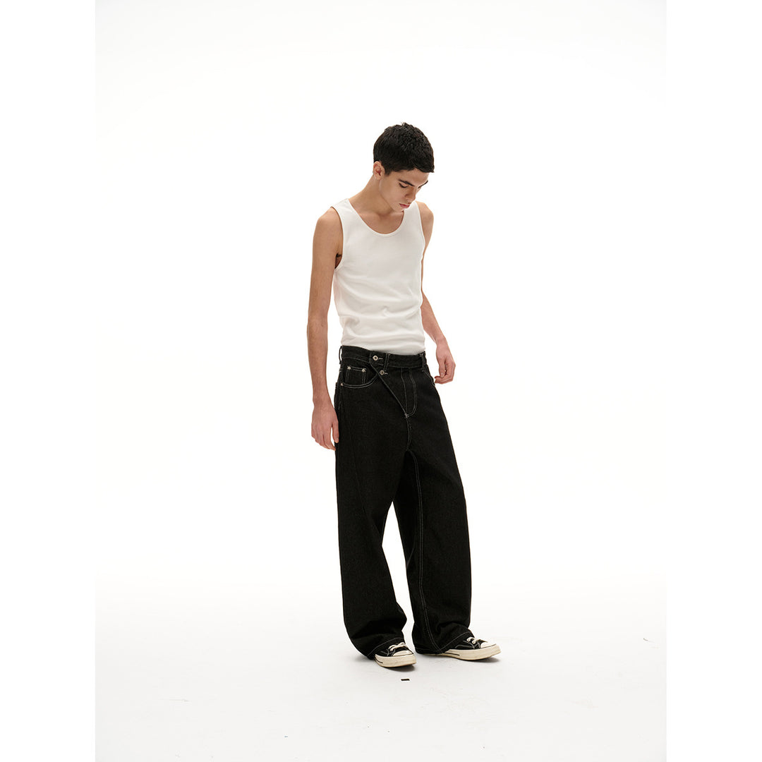 Damen High‑Waist weite Denim‑Hose mit asymmetrischer Knopfleiste und Kontrastnähten Drune