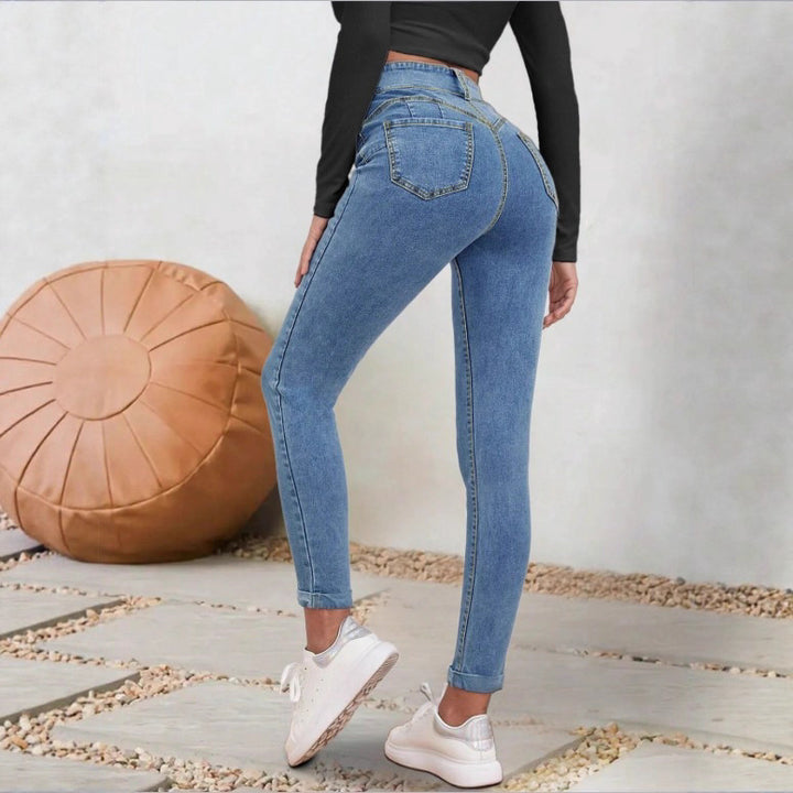 Damen Hochgeschnittene Sculpting-Skinny-Jeans mit Doppelknopf und Umschlag-Detail Drune