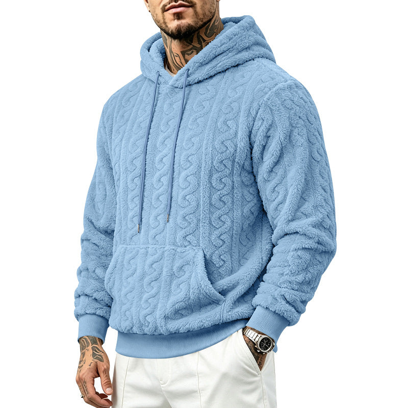Herren Teddy-Fleecepullover mit Zopfmuster, Kapuze und Kängurutasche Drune