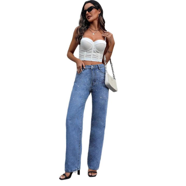 Damen High-Waist Straight-Jeans mit Perlen- und Strassbesatz Drune