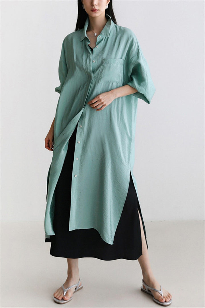 Damen Langer Satin‑Effekt Duster mit Stehkragen, Oversize‑Schnitt und tiefen Seitenschlitzen Drune