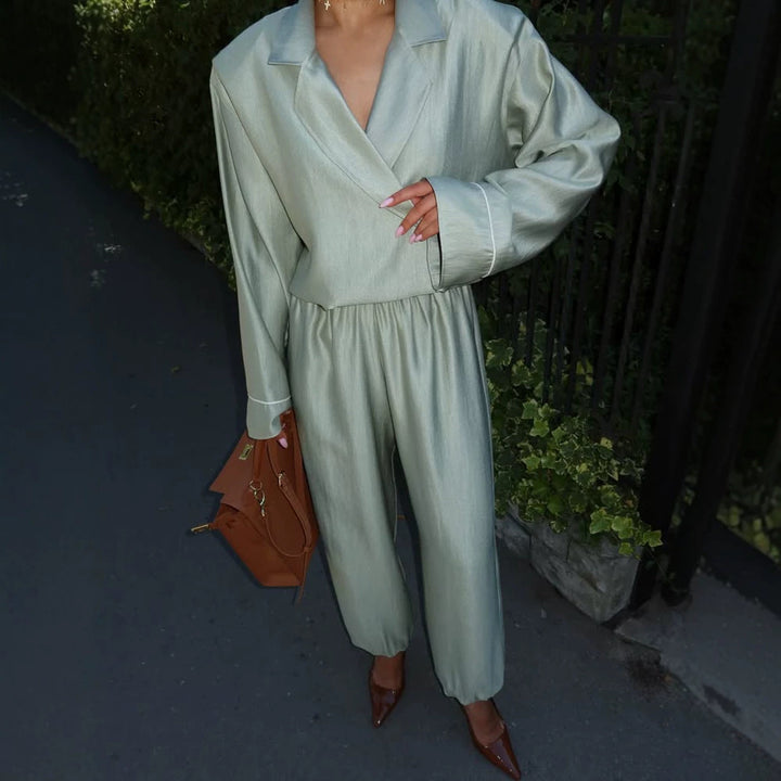 Damen Satin-Zweiteiler mit Wickelbluse, weiten Hosen und elastischem Bund Drune
