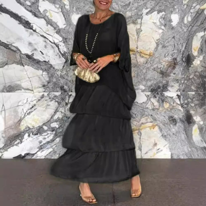 Damen nan mehrlagiges Stufenmaxikleid mit weitem Fledermausoberteil und stufigem Volantrock Drune