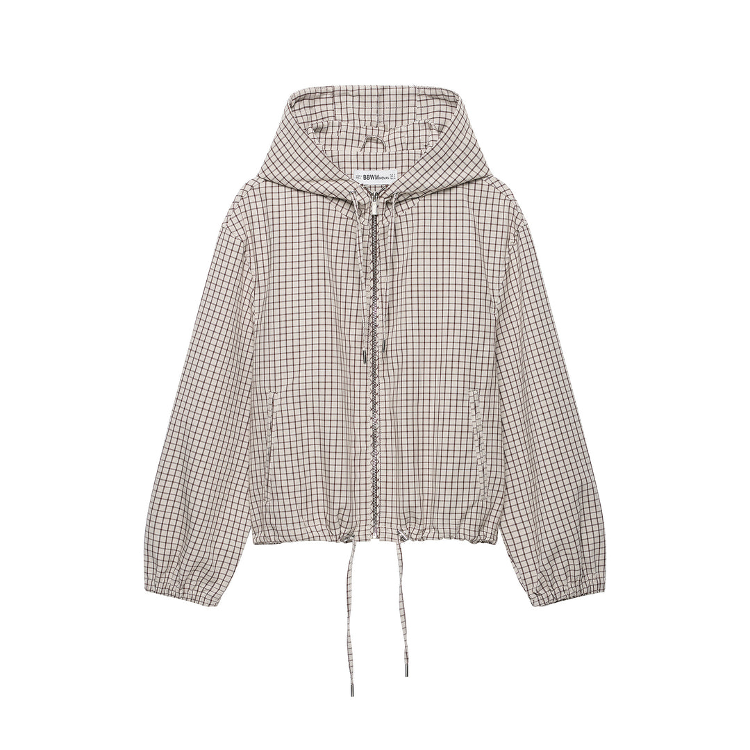 Damen Kariertes Cropped-Blouson mit Kapuze, Tunnelzug und Reißverschluss Drune