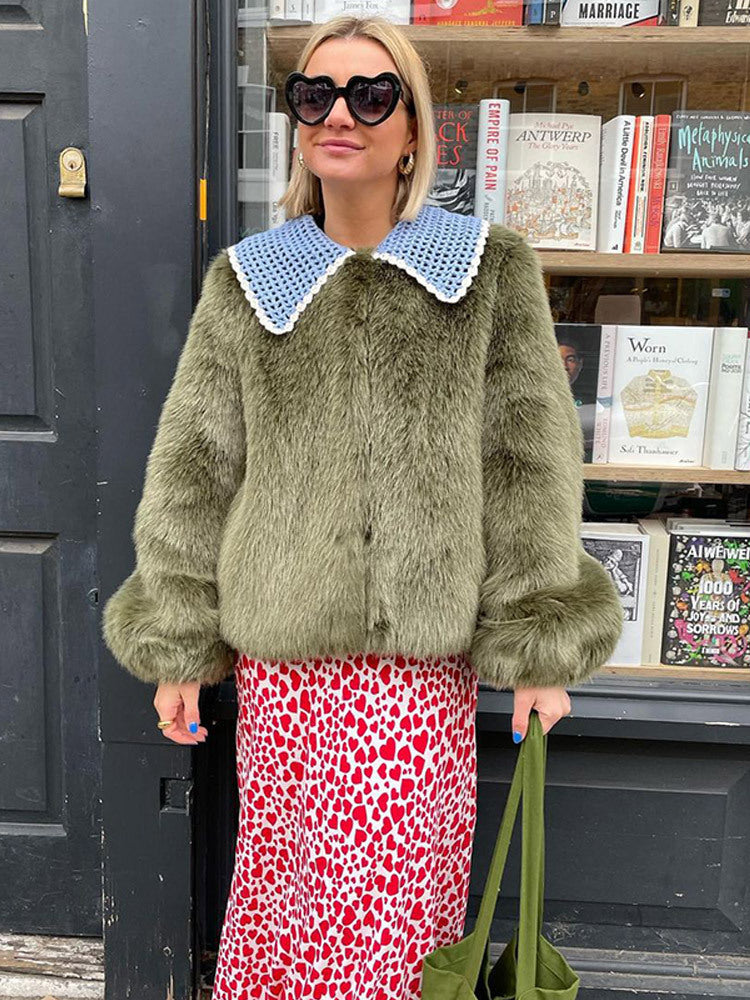 Damen Kurze Kunstpelzjacke mit markantem Häkelkragen Drune