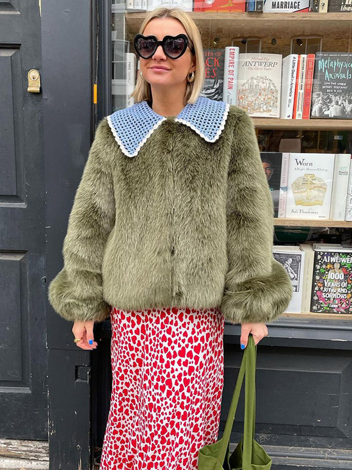 Damen Kurze Kunstpelzjacke mit markantem Häkelkragen Drune