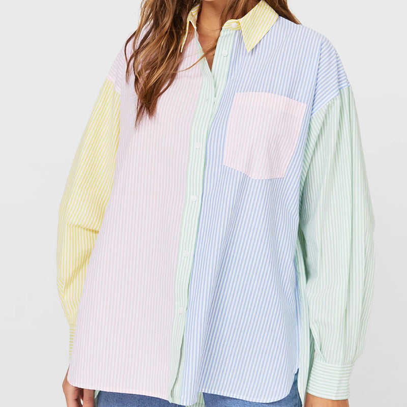 Damen nan oversized Hemdbluse mit Blockstreifen und Brusttasche Drune