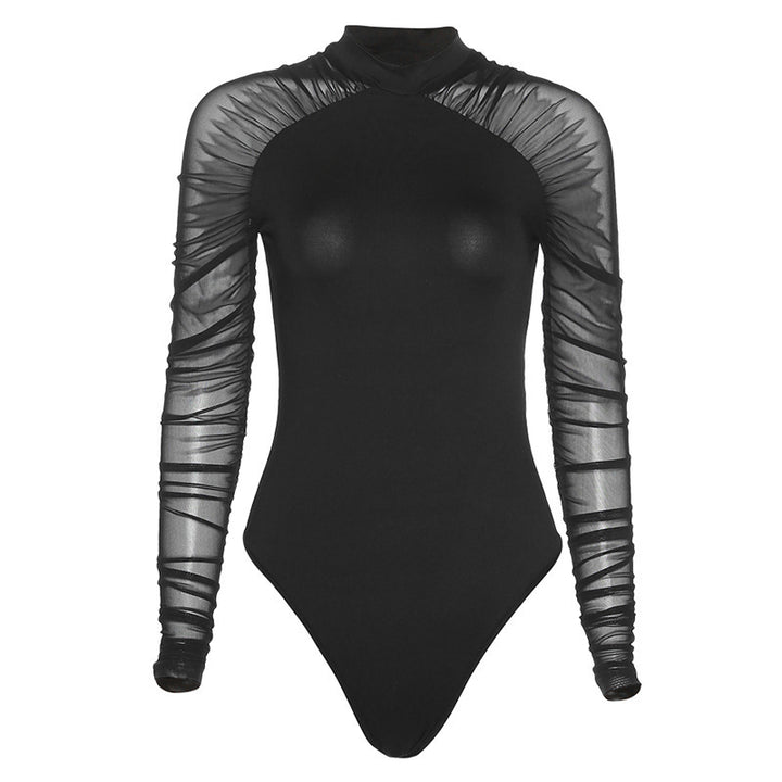 Damen Eleganter Body mit transparenten Ärmeln und speziellen Drapierungen Drune