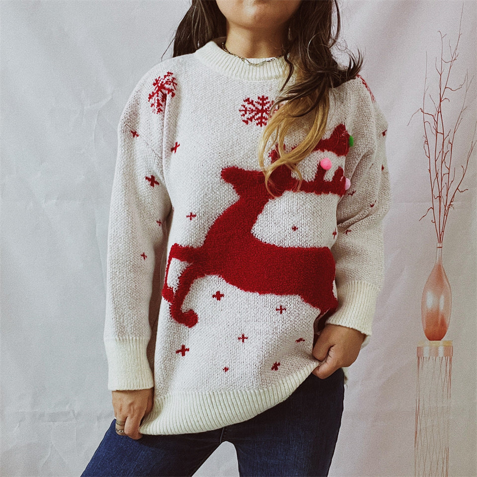 Damen festlicher Pullover mit kreativem Rentier-Motiv und strukturiertem Strick Drune