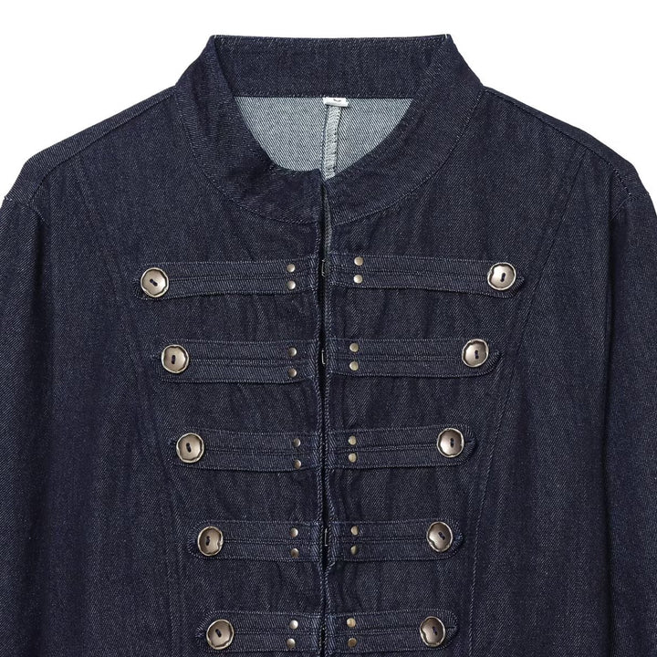 Damen kurze Denim‑Militärjacke mit Stehkragen und dekorativer Zierknopfleiste Drune