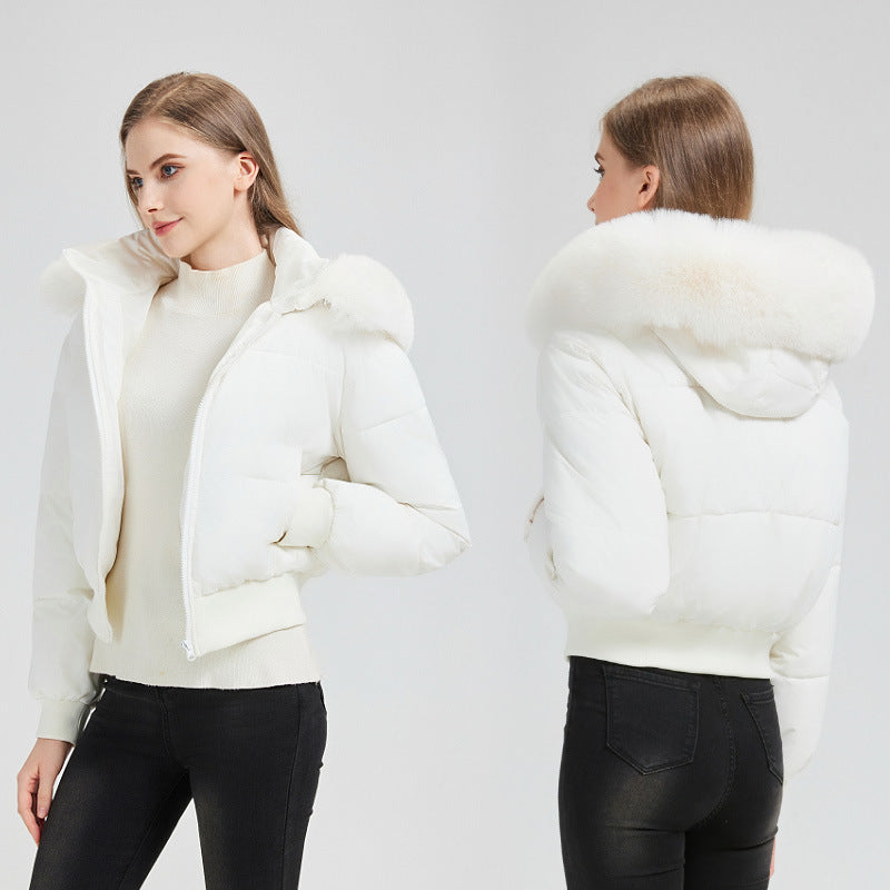 Damen Kurz‑Bomber‑Pufferjacke mit Kapuze und abnehmbarem Kunstfellkragen Drune