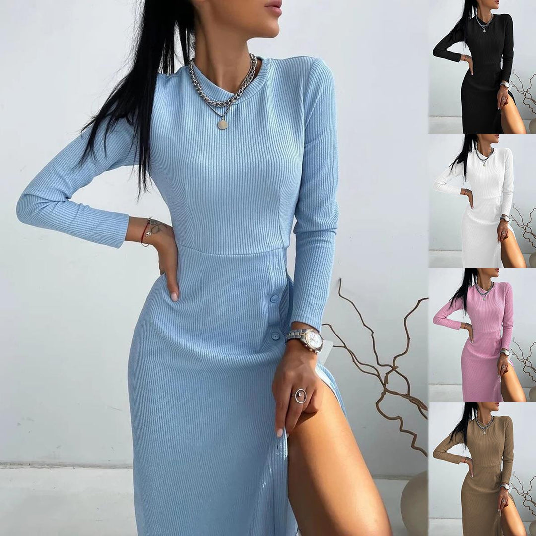 Damen Geripptes A‑Linien Kleid mit Rundhalsausschnitt, langen Ärmeln und seitlicher Knopfleiste Drune