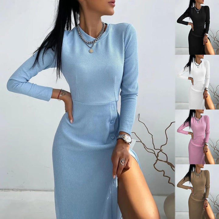 Damen Geripptes A‑Linien Kleid mit Rundhalsausschnitt, langen Ärmeln und seitlicher Knopfleiste Drune