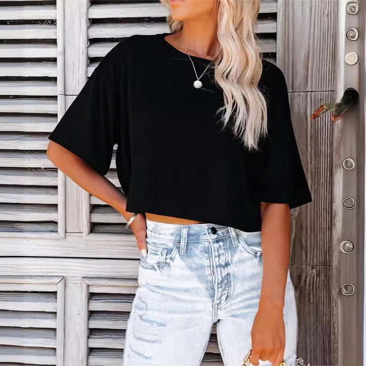 Damen lässiges cropped T-Shirt mit weitem Schnitt und kurzen Ärmeln Drune