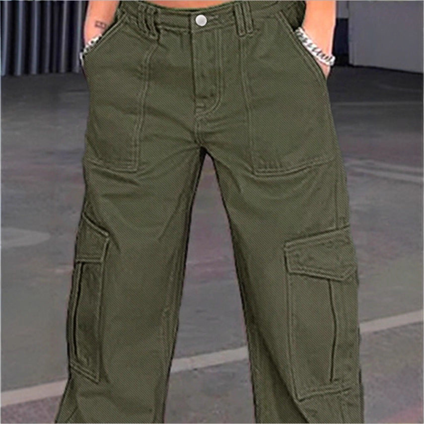 Damen weite Cargo-Hose mit hoher Taille, aufgesetzten Klappentaschen und legerer Baggy-Passform Drune