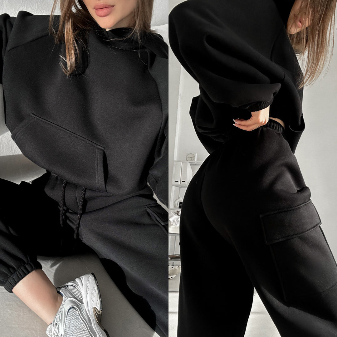 Damen oversized Hoodie mit Kängurutasche und Cargo-Jogginghose Set Drune