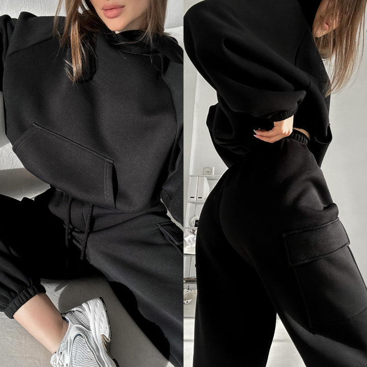 Damen oversized Hoodie mit Kängurutasche und Cargo-Jogginghose Set Drune