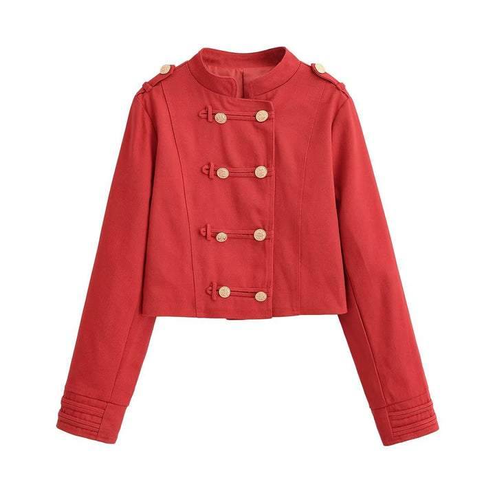 Damen Militärinspirierte Kurzjacke mit Stehkragen, Zierriegeln und goldenen Zierknöpfen Drune