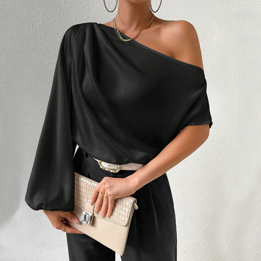 Damen asymmetrisches Top mit eleganten Puffärmeln Drune