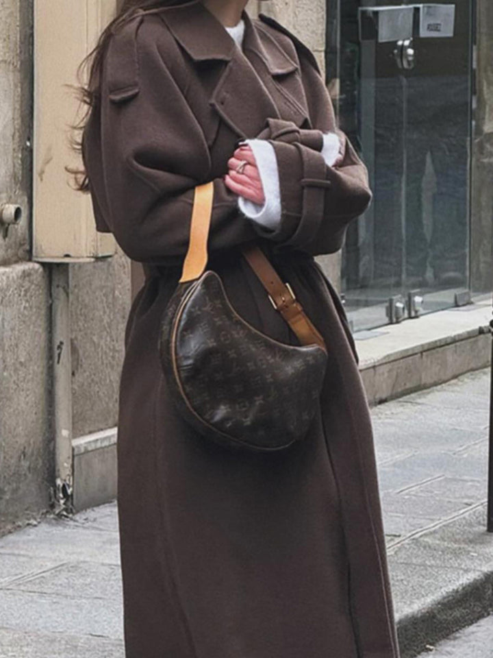 Damen Oversize Wollmantel mit breitem Reverskragen und Taillengürtel Drune