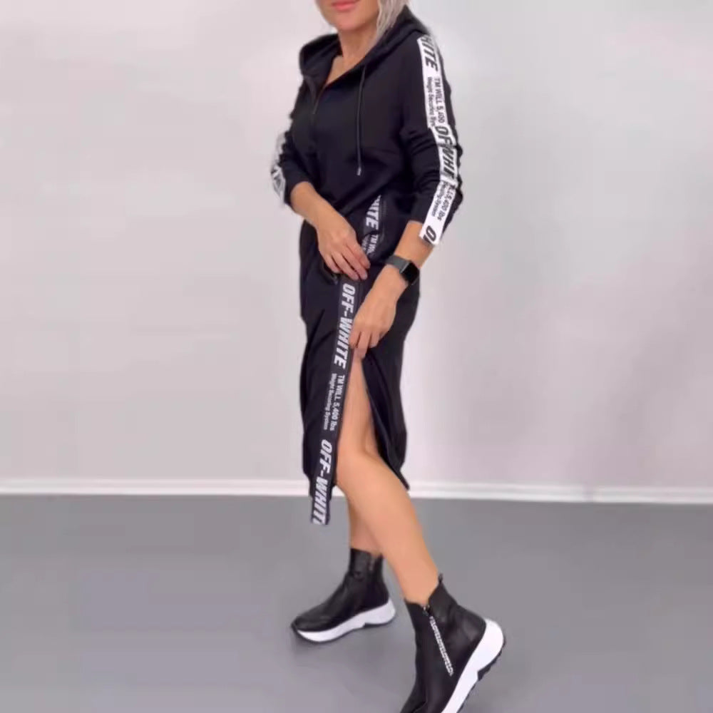 Damen nan knöchellanges Kapuzen-Sweatkleid mit Halbzip, Kängurutaschen und seitlicher Zierpaspel Drune