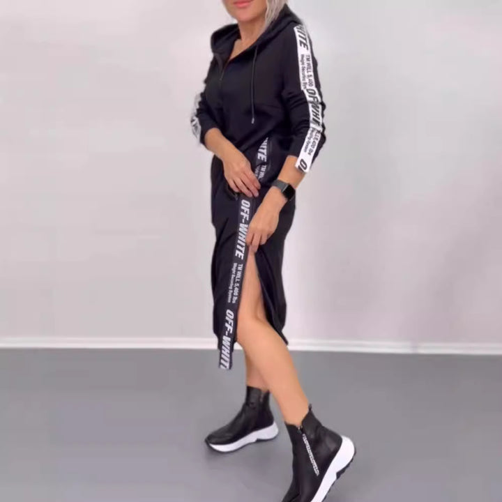 Damen nan knöchellanges Kapuzen-Sweatkleid mit Halbzip, Kängurutaschen und seitlicher Zierpaspel Drune