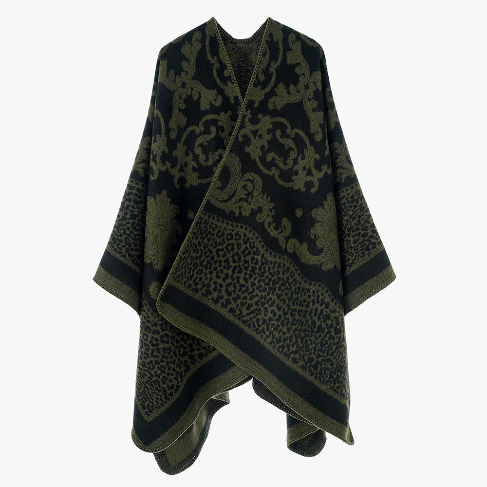 Damen Jacquard‑Wollmix Capeponcho mit Barock‑ und Animalmuster Drune