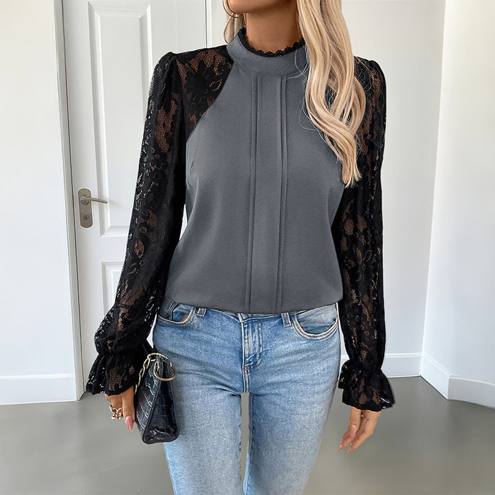 Damen Elegant-romantische Bluse mit gehäkelten Spitzenärmeln, Stehkragen und vertikalen Ziernähten Drune