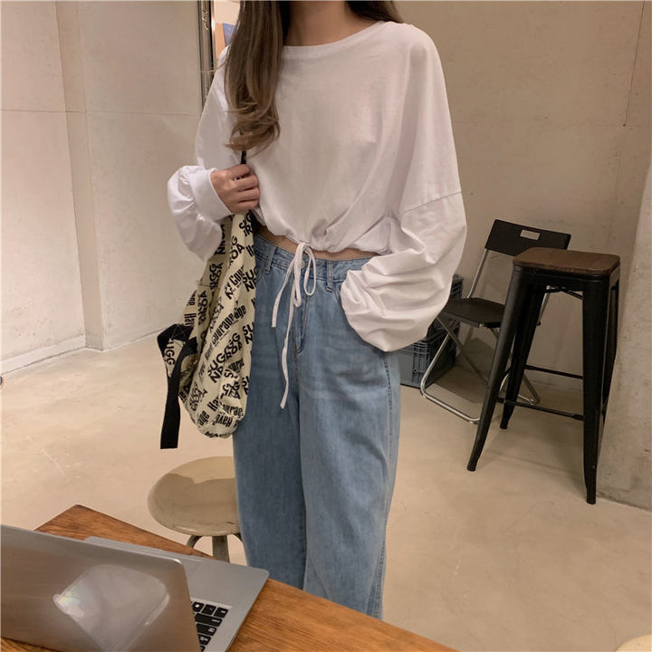 Damen Cropped Sweatshirt mit innovativem Kordelzug und oversized Ärmeln Drune