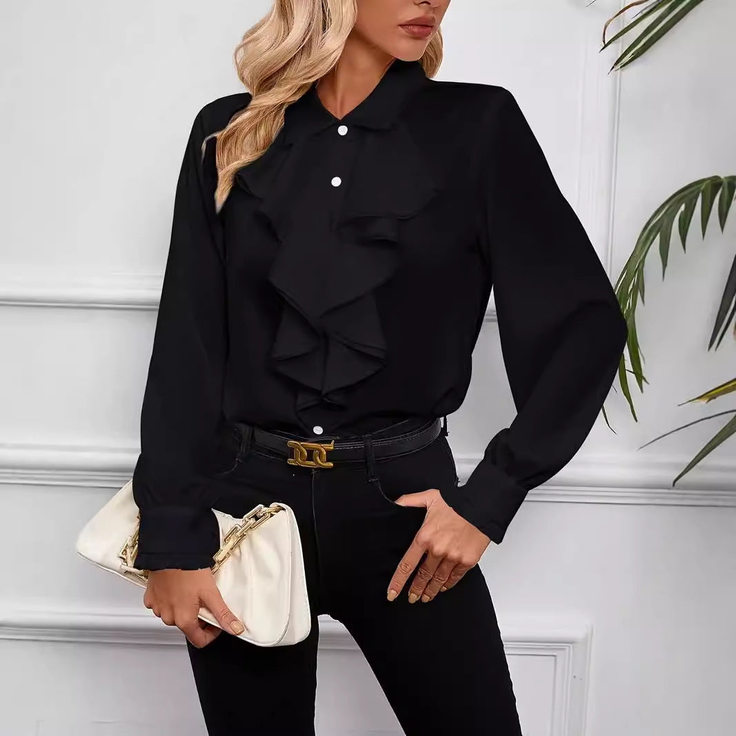 Damen elegante Rüschenbluse mit langem Arm und femininer Silhouette Drune