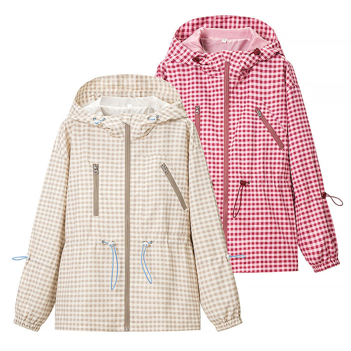 Damen 20+ leichte karierte Kapuzenjacke mit Tunnelzug, Reißverschluss und funktionalen Taschen Drune