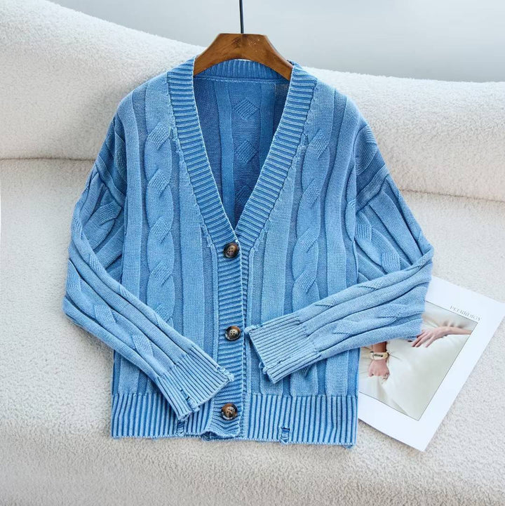 Damen lässiger Strickcardigan mit Zopfmuster und umgeschlagenen Ärmeln Drune