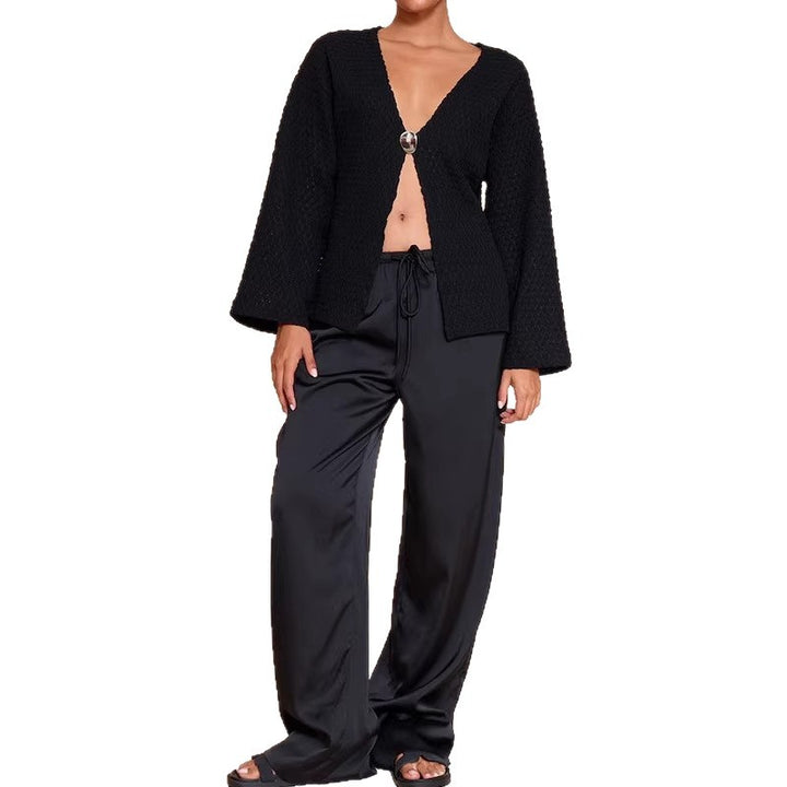 Damen Strukturierter Waffelstrick-Cardigan mit tiefem V‑Ausschnitt, Ein-Knopf-Verschluss und lässigen Oversize-Ärmeln Drune