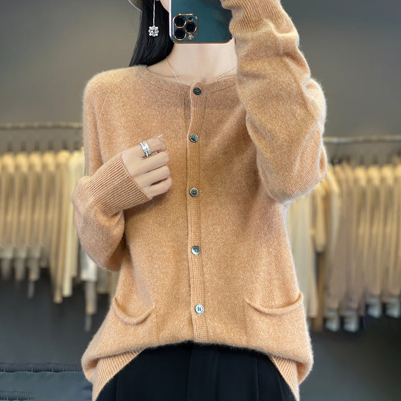 Damen Langer Feinstrick-Cardigan mit Rundhalsausschnitt, Eingrifftaschen und Alpaka-Mix Drune
