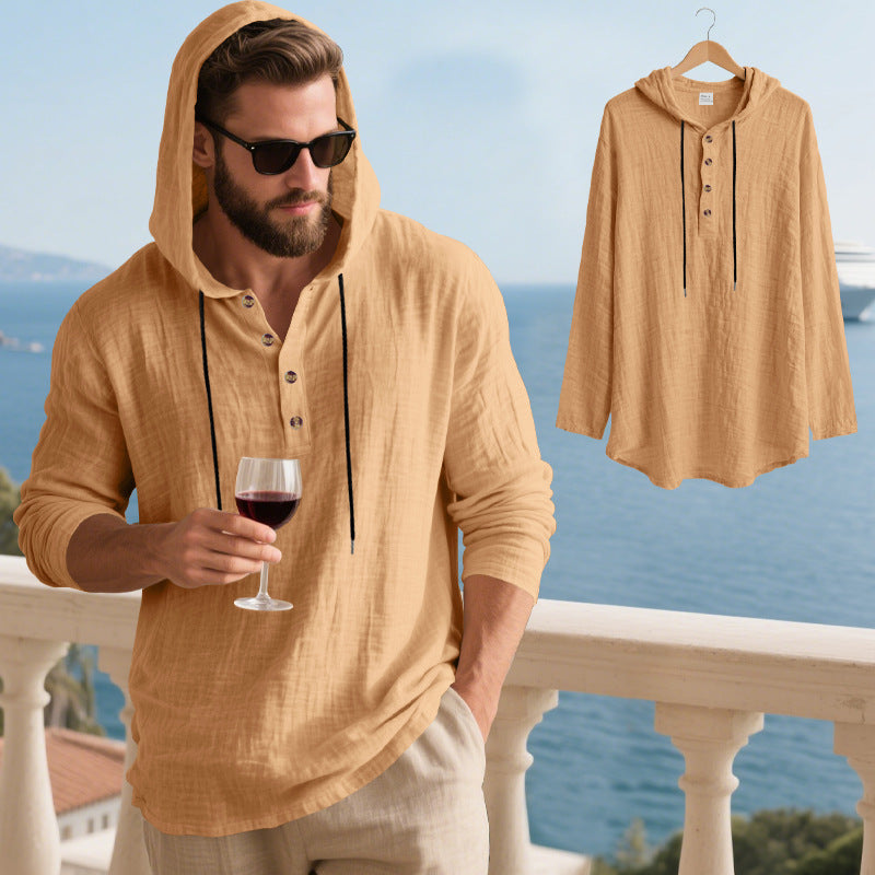 Herren nan lässiges Kapuzen-Henleyshirt in Leinenoptik mit durchgehender Knopfleiste und relaxed Fit Drune