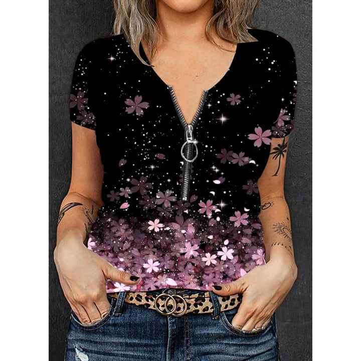 Damen V-Ausschnitt T-Shirt mit Reißverschluss und floralem Muster Drune