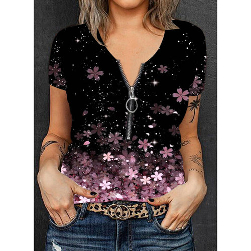 Damen V-Ausschnitt T-Shirt mit Reißverschluss und floralem Muster Drune