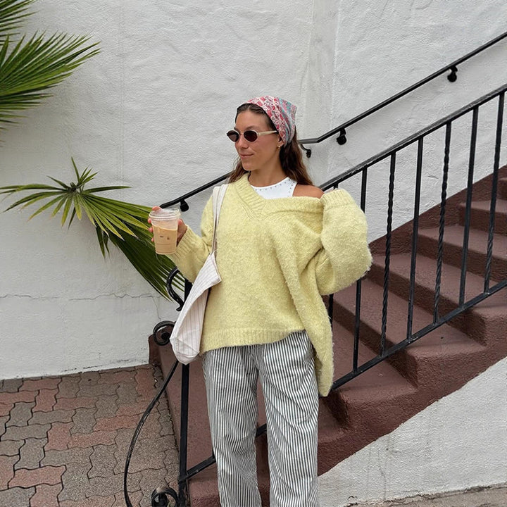 Damen Oversize-Flauschpullover mit tiefem V-Ausschnitt und voluminösen Ärmeln Drune