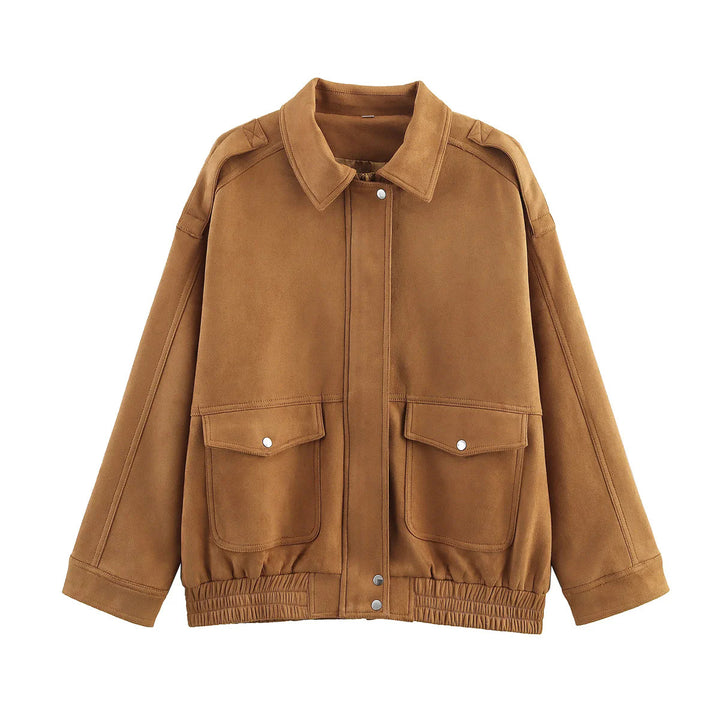 Damen nan kastige Veloursjacke mit Druckknopfleiste, aufgesetzten Klappentaschen und elastischem Saum Drune