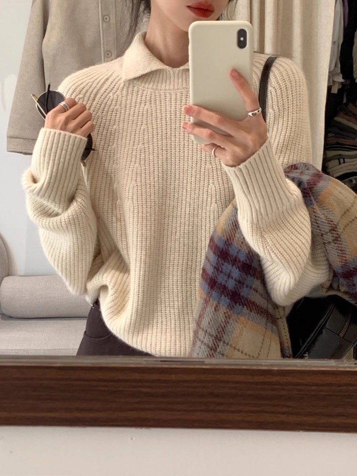 Damen Oversize-Polokragen Feinstrickpullover mit geripptem Saum und kaschmirähnlicher Haptik Drune
