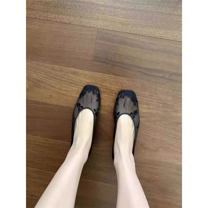 Damen Bestickte Mesh-Ballerinas mit quadratischer Zehenpartie und Rosenstickerei Drune