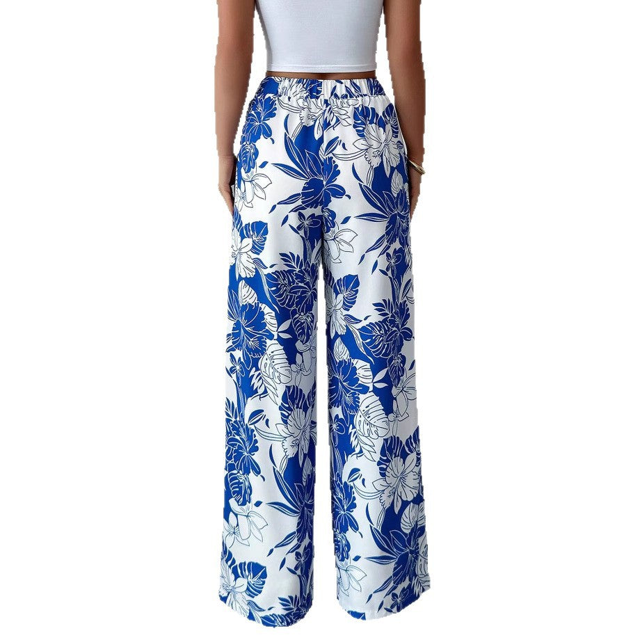 Damen Hochtaillierte Palazzohose mit floralem Design und seitlichen Taschen Drune