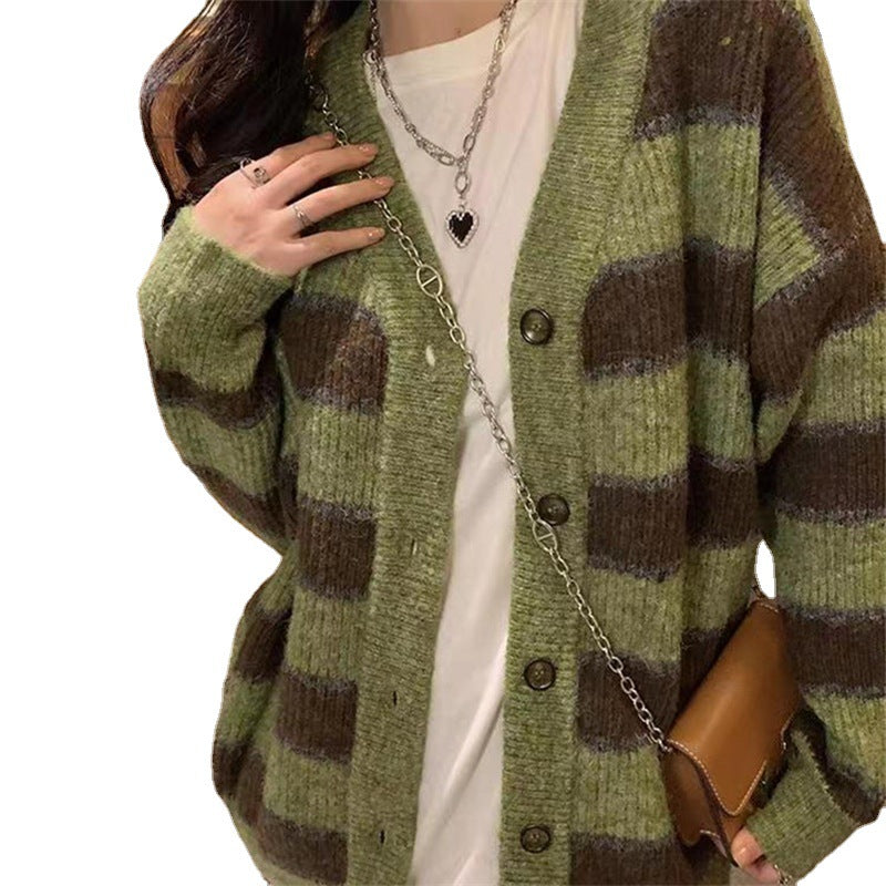 Damen Grobstrickjacke mit modischem Streifenmuster und lässigem Schnitt Drune