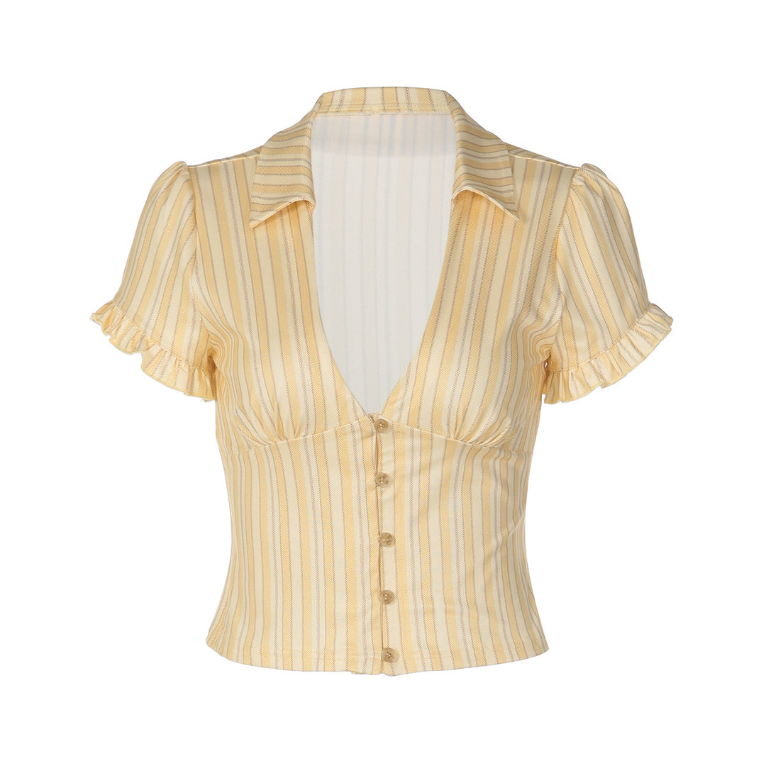 Damen Kurzarm Bluse mit Rüschendetails und V-Ausschnitt Drune