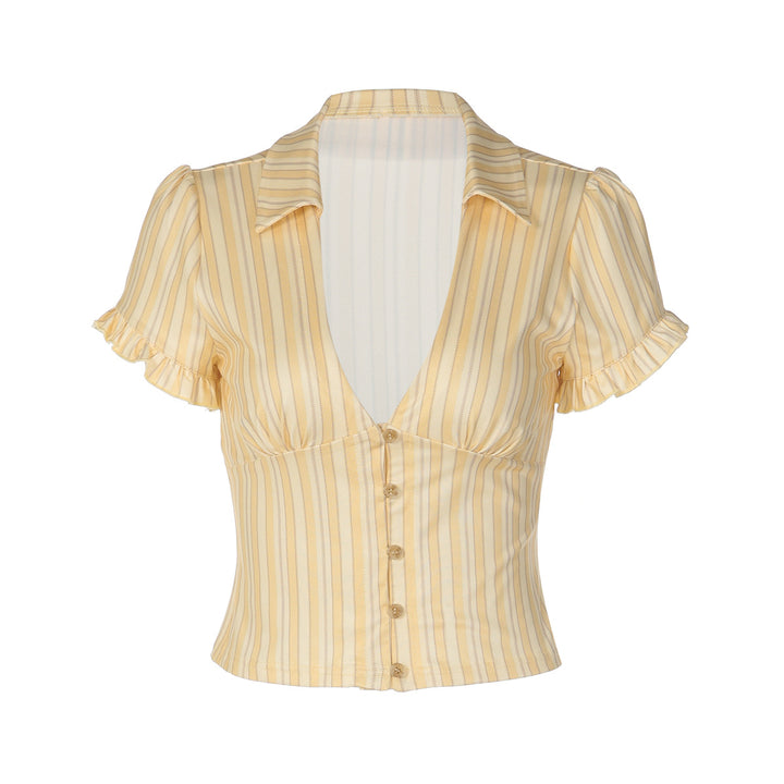 Damen Kurzarm Bluse mit Rüschendetails und V-Ausschnitt Drune