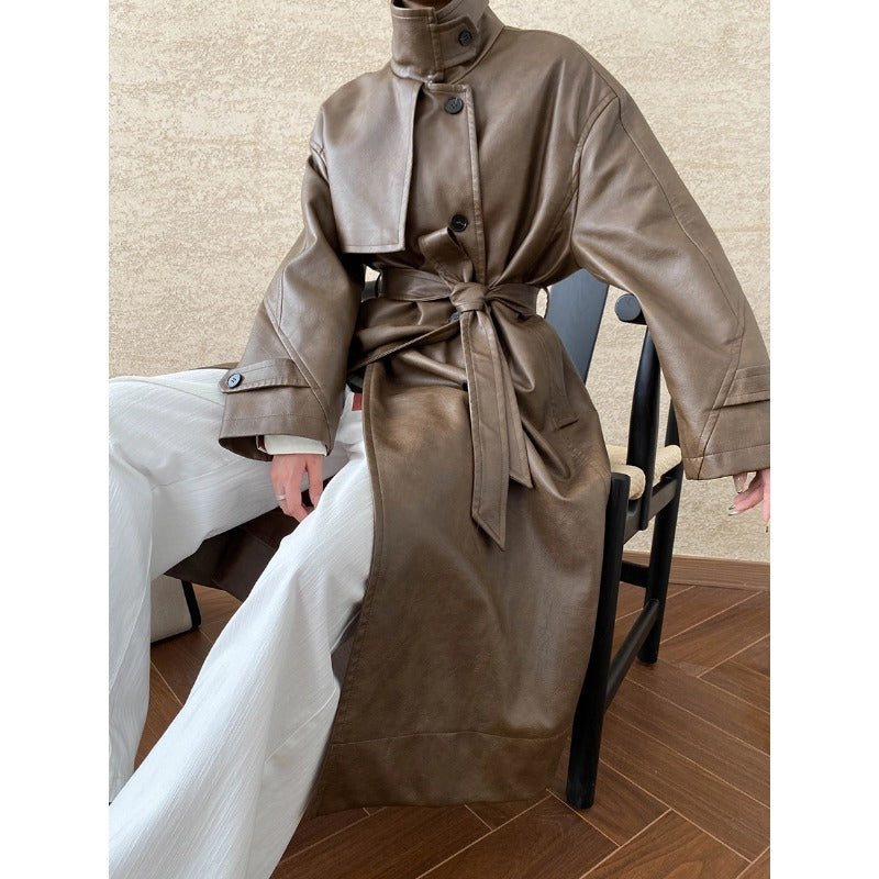 Damen eleganter Trenchcoat mit seitlichem Bindegürtel und stilvollem Kragen Drune