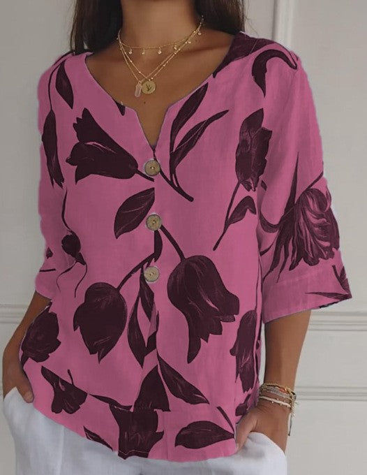 Frauen Locker V-Ausschnitt Bluse Top mit großem floralem Tulpenmuster und Knopfleiste Drune