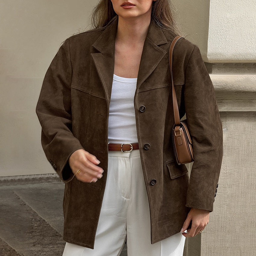 Damen Modische Wildlederjacke im Oversized-Schnitt mit klassischem Kragen und praktischen Taschen Drune
